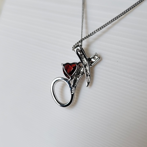 Genuine Diamonds and Garnet Pendant Sterling Silver Necklace 18" - Picture 6 of 9